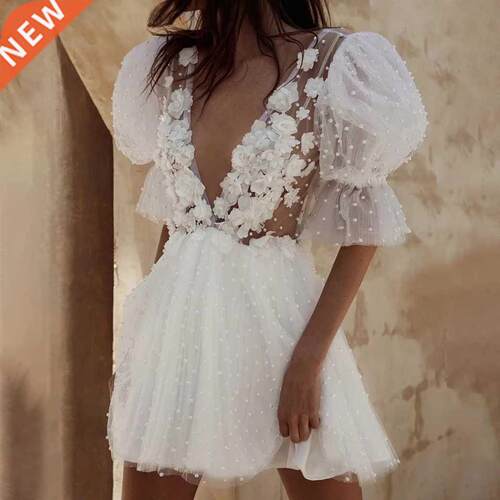 Short Wedding Dresses Plunging V-Neck Half Sleeves Pearls Fl