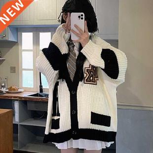 Deeptown Preppy Style Knitted Cardigan Sweater Women Oversiz