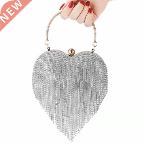 Rhinestone Evening Bag Heart Pattern Silver Clutch Womens Fa