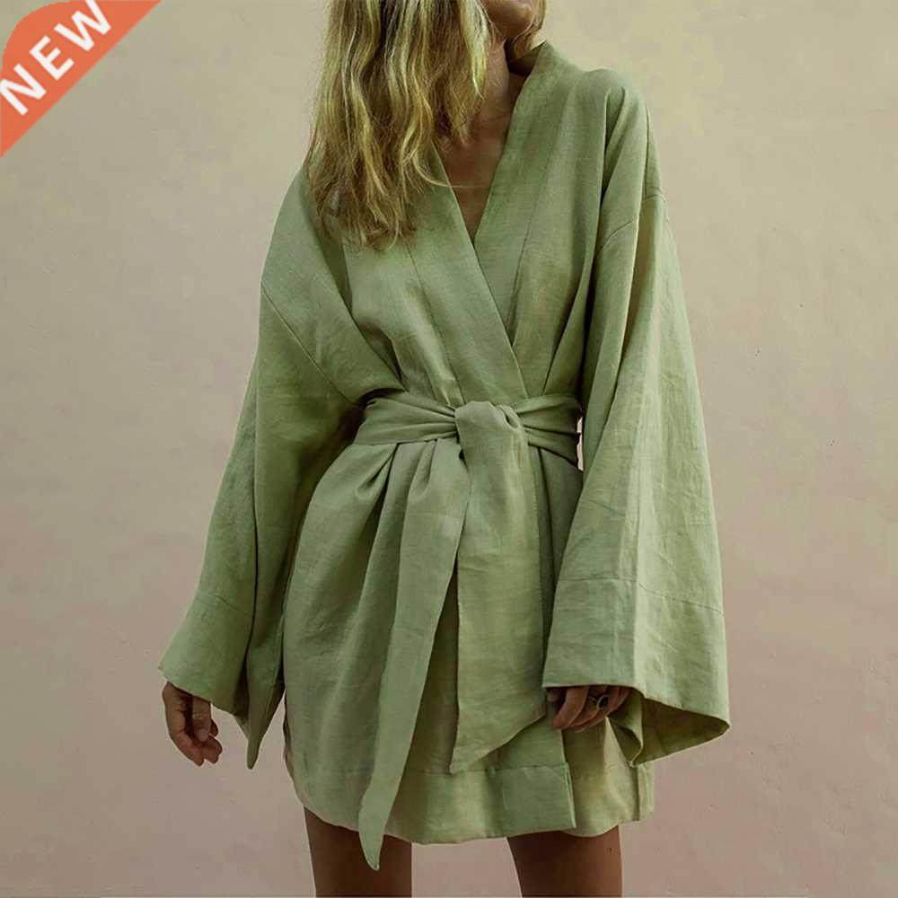 lace up womens v-neck kimono cardigan mini dress cotton lin