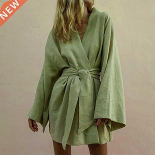 Lace Up Women's V-Neck Kimono Cardigan Mini Dress Cotton Lin