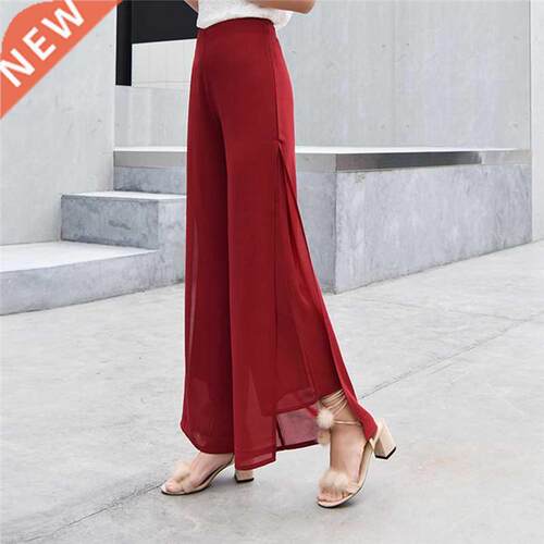 Woman Quality Chiffon High Waist Slits Pants Ladies Thin Wid