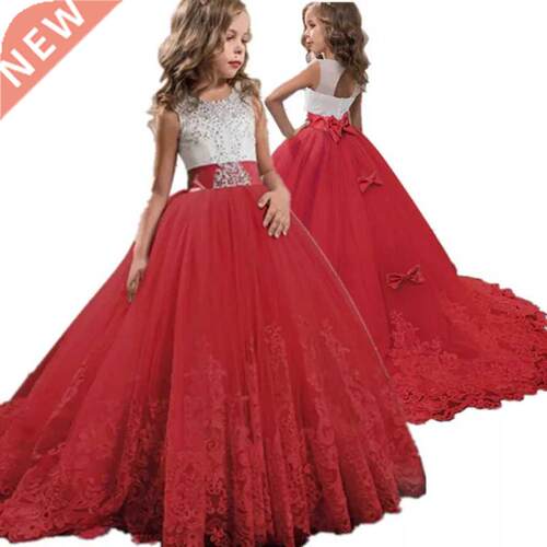Red Girl Lace Embroidery Christmas Birthday Party Dress Flow