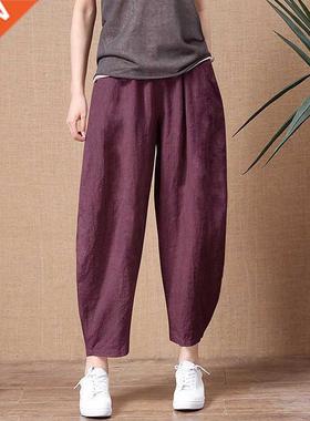 ShiMai Women's Cotton Linen Pants Elastic Waist Vintage Trou