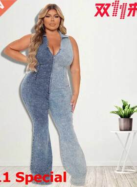 3XL4XL5XL plus-size ladies' denim jumpsuits大码牛仔女连体裤