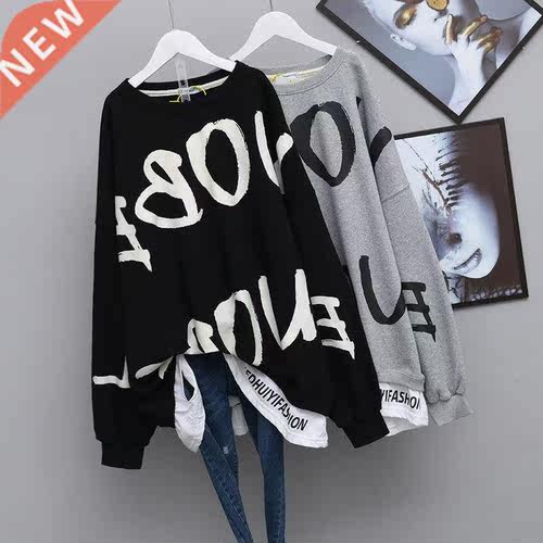 QWEEK Letter Print Crewneck Sweatshirt Women Spring Coat Ove