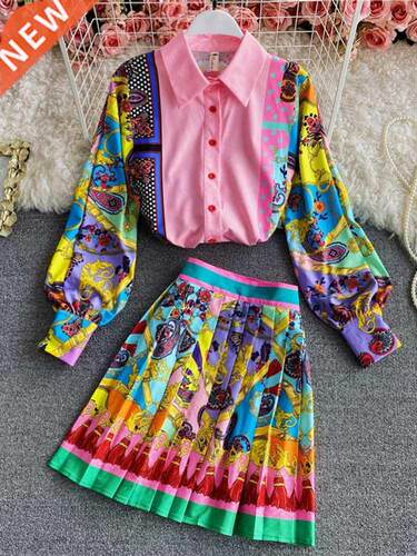 Women Fashion Luxury Print Shirt Top + Pleated Mini Skirt Ne
