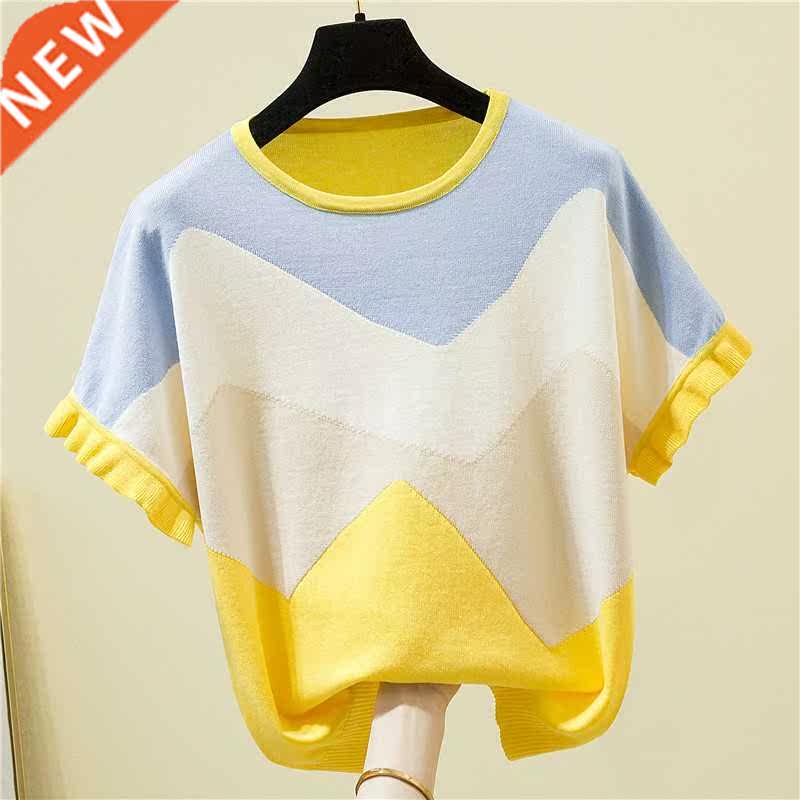 colorful patchwork ruffles short sleeve knitted sweater wome