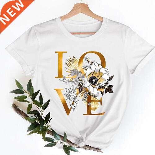 Women Flower Floral Love nd T-shirts Short Sleeve Ladies Fas
