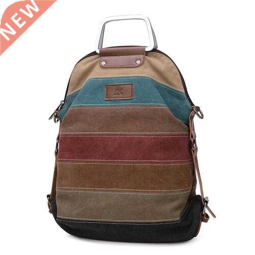 Panelled Sripe Canvas Backpack Women Vintage Female Backpac
