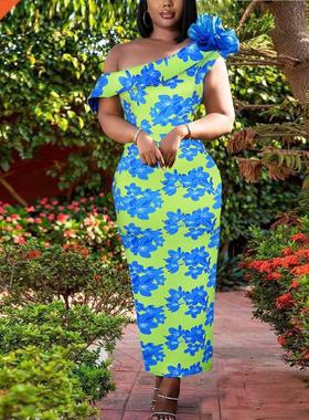 S-3xl Large blue floral Dress for lies大码蓝色碎花女连衣裙