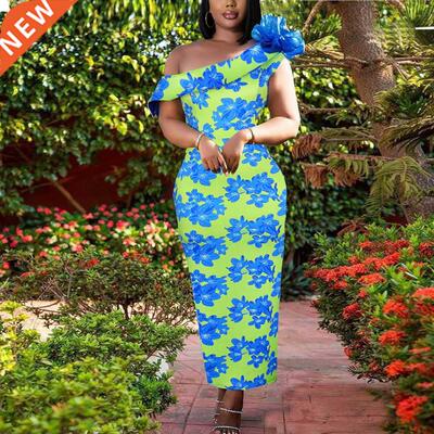 S-3xl Large blue floral Dress for lies大码蓝色碎花女连衣裙