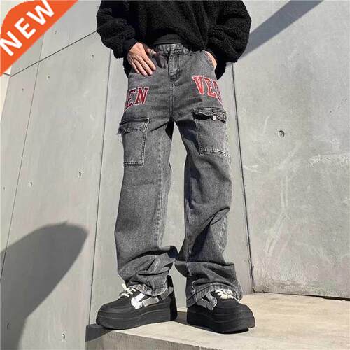 High Set Letter Embroidery Straight Loose Jeans Mens Retro O