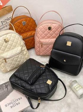 Small Backpack Women's Shoulder Bags Diamond Grids Black PU