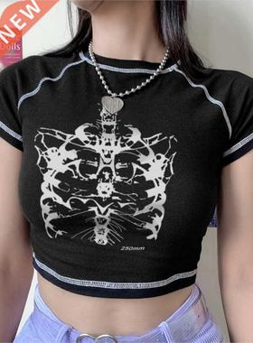 Aesthetic skeleton women's T-shirt Harajuku Y2K black sweet
