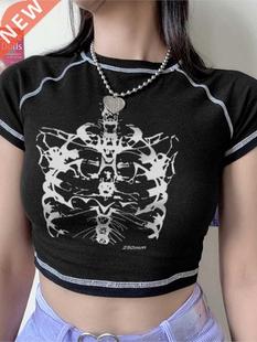 Aesthetic skeleton women's T-shirt Harajuku Y2K black sweet