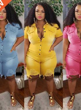 S-5xl women's skinny, ripped denim jumpsuit大码女牛仔连体裤