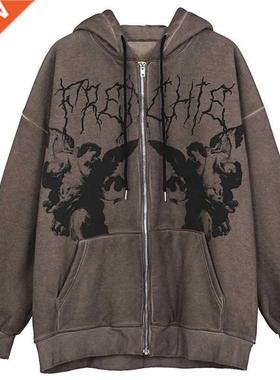 Women Vintage Angel Print Hooded Jacket Men Zip Up Long Slee