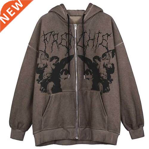 Women Vintage Angel Print Hooded Jacket Men Zip Up Long Slee
