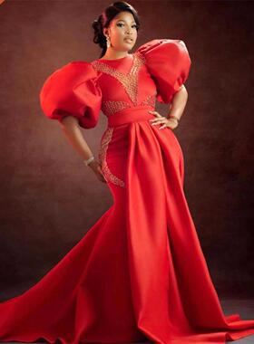 Plus Size Red Aso Ebi Prom Dresses Mermaid Shape Puffy Sleev
