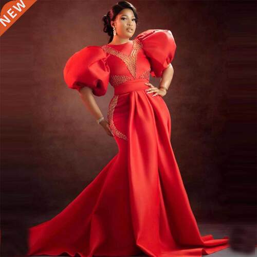 Plus Size Red Aso Ebi Prom Dresses Mermaid Shape Puffy Sleev