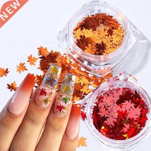 1 Box 3D Mple Leves Nil rt Sequin Hologrphic Gold Red T