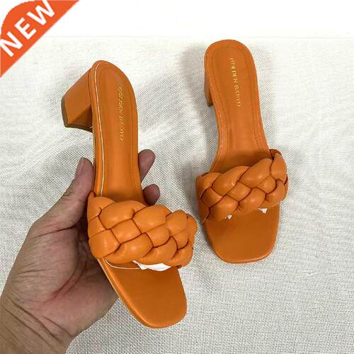 Square Low Heel Woman Sandals 2021 Summer Shoes Weave Open T