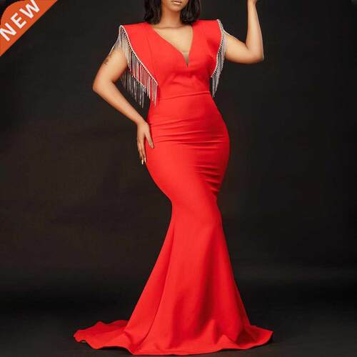 Summer 2022 Women's fringe evening dress with V-neck连衣裙女