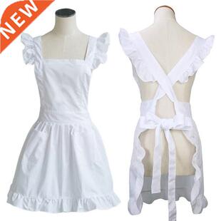 Womens Girls Ruffles Outline Retro White Apron Adjustable Vi