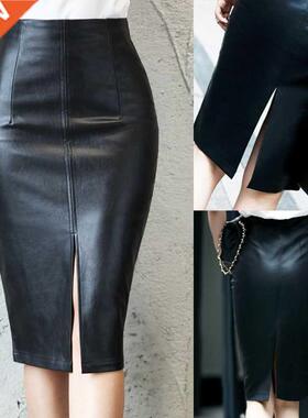 5XL size PU leather skirt PU women dress前开叉半身裙大码皮裙