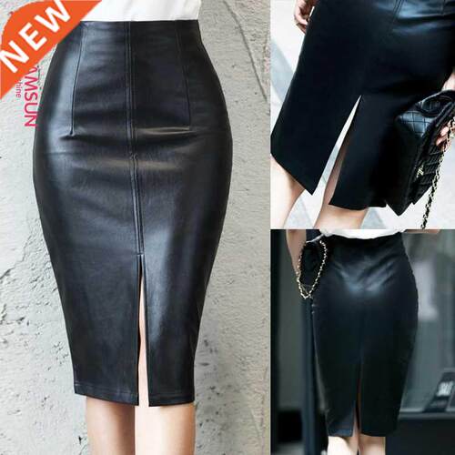 5XL size PU leather skirt PU women dress前开叉半身裙大码皮裙