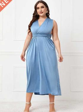 Xxl-4xl Lrge Blue Irregulr Cross Hlter Strp Dress大码裙