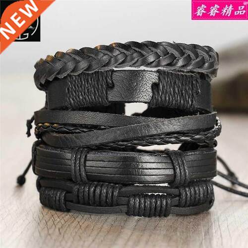 5pcs black men leather bracelet retro Bracelets male bangle