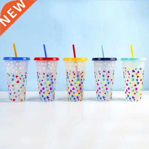 Color Changing Love Straw Cup With Lid Plastic Tumbler Coffe