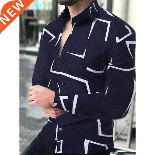 2021 New Geometric Print Shirts Men Fashion Turn-down Collar