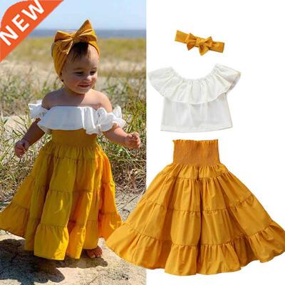 1-7Y Summer Kids Baby Girl White Ruffle T-shirt Crop ops Yel