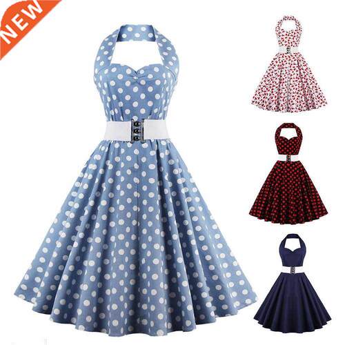 优雅露背挂脖复古连衣裙配腰带Vintage Swing Rockabilly dresses