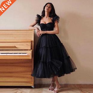 BridalAffair Black Tulle A Line Prom Dresses Strap Sweethear