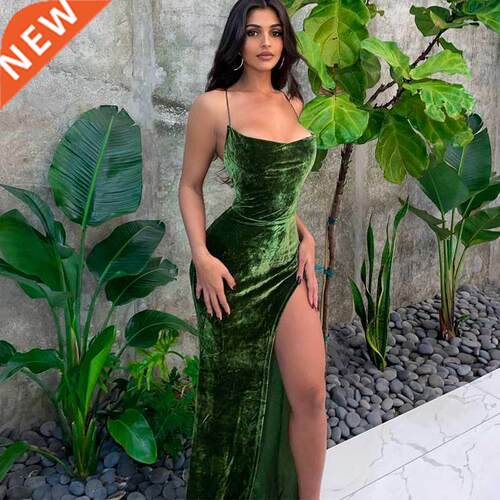 Velvet Slip Swinging Collar Sleeveless Backless Slit Maxi Dr
