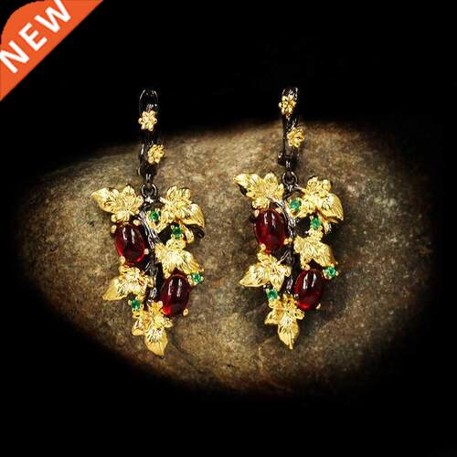 New Elegant Black Gold Ruby Pendant Flower Leaf 925 Silver E
