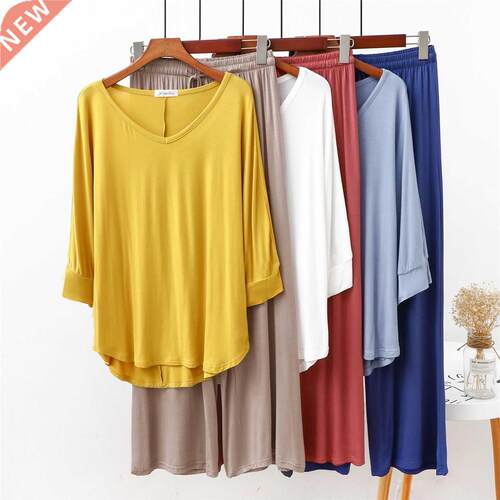 2021 new PAJAMAS suit bat sleeve solid color cotton v-neck e
