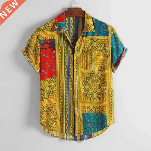 3XL Mens Vintage Casual Shirts Turn Down Collar Short Sleeve