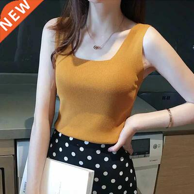 Women's Summer Tank Tops Knitted Camisole Vest Yellow Blue S