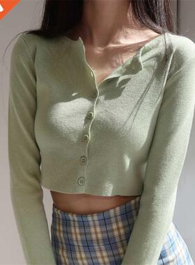Korean Style O-neck Short Knitted Sweaters Women Thin Cardig