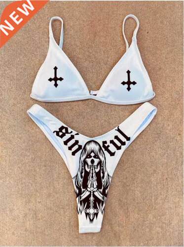 Women Funny Letters Print 2Pcs Bikini Suits Deep V-neck Deta