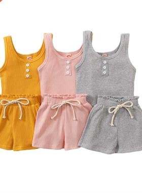 2Pcs Toddlers Summer Tracksuit, Solid Color Ribbed O-Neck Ve