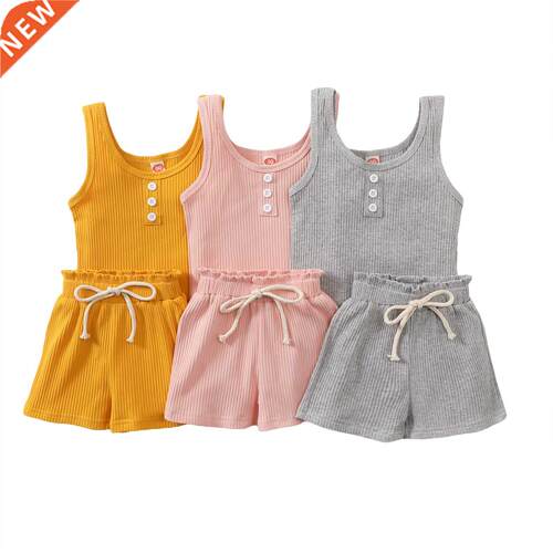 2Pcs Toddlers Summer Tracksuit, Solid Color Ribbed O-Neck Ve