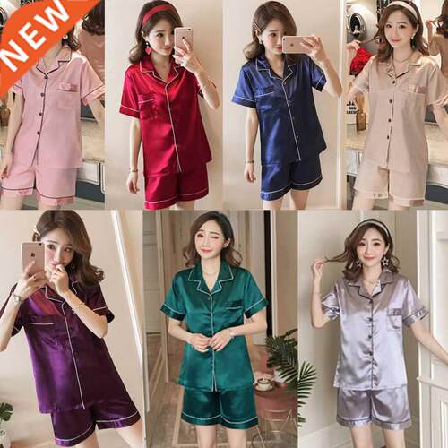 Spring Summer Women Pajamas Faux Silk Satin Pyjama Sets Shor
