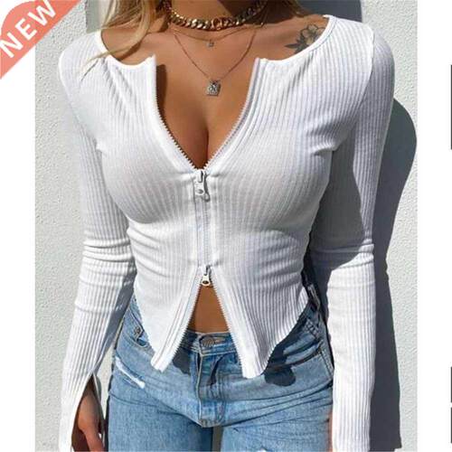 Women T-irt Spring Autumn Clothes Ribbed Knitted Long Slee