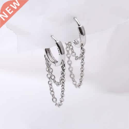 Real 925 Sterling Silver Double Layer Tassel Hoop Earrings F